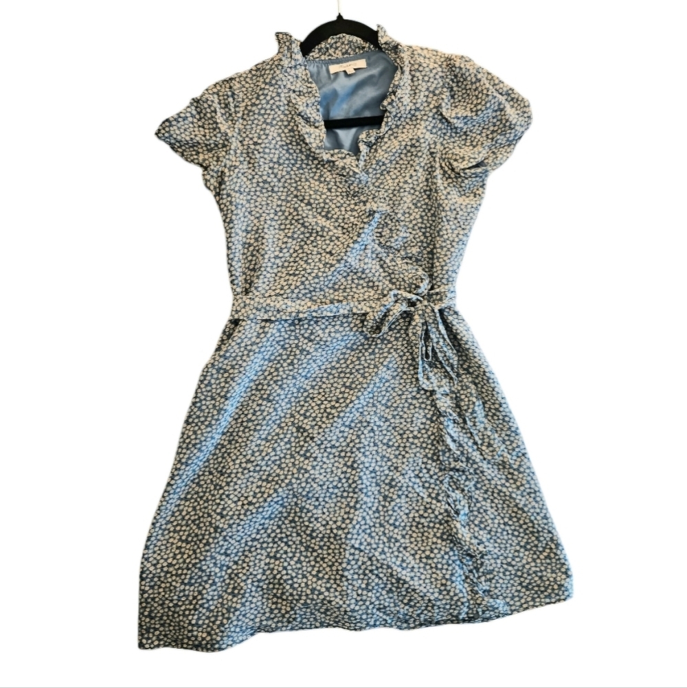 Madewell Silk Blue Floral Ruffle-Edge Wrap Dress in Bitsy Floral size XS EUC - Picture 4 of 7